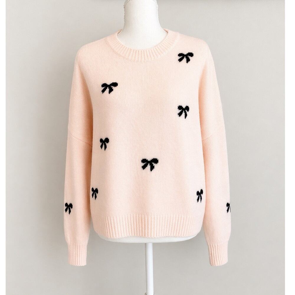 Pink Knit Pullover Sweater S Women's Long Sleeve Black Bow Accents Crew Neck